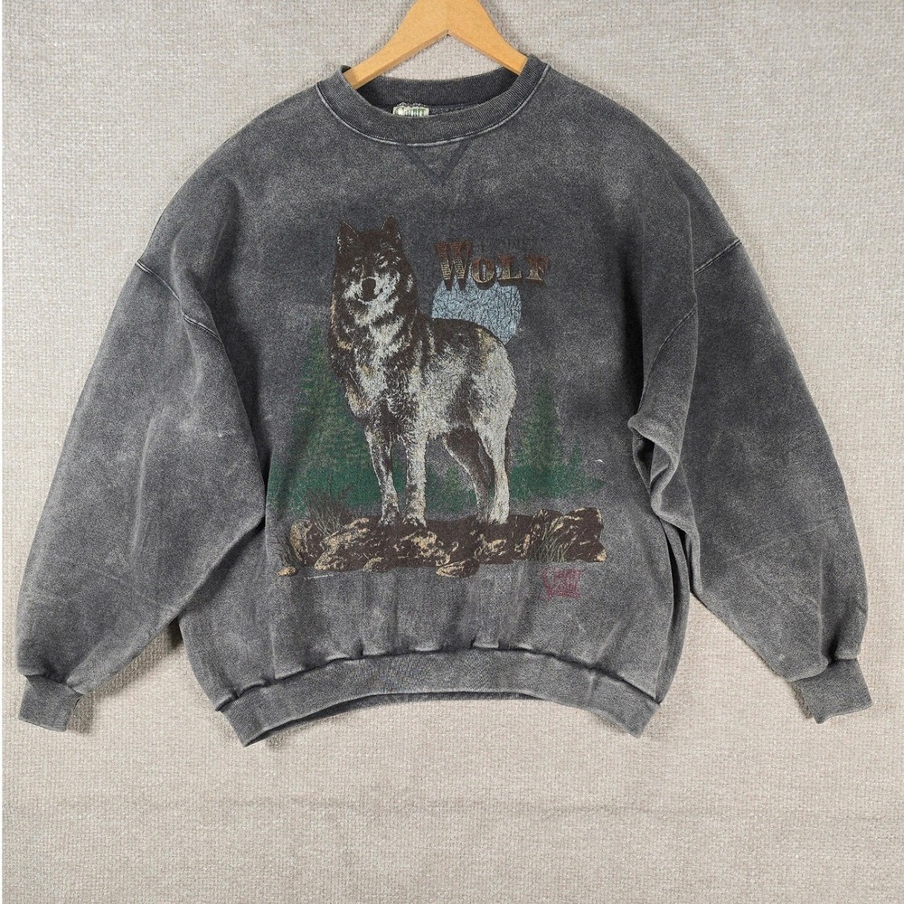 Vintage Spirit Lake Outfitters Wolf Sweatshirt XXL Grey Acid Wash Made in USA